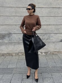 DAZY Fall/ Brown Button Contrast Patchwork Brunch Stand Collar Elegant Office Work Casual Waist-Cinching Long Sleeve Women's T-Shirt - Brown - View 5