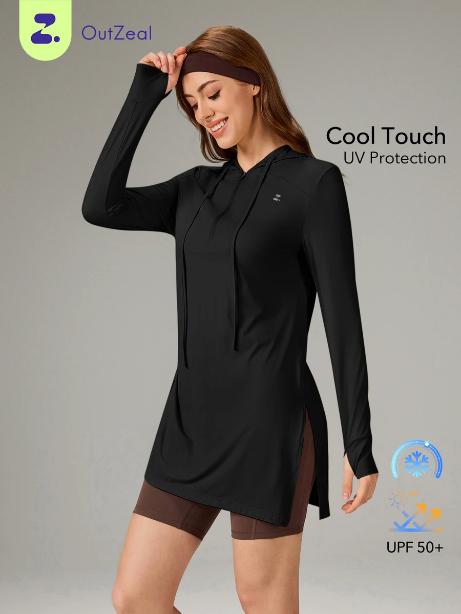 OutZeal 女款防曬運動外套 健身徒步用 UV 防護 涼感 T Touch 臀長連帽外套 - 黑色 - 查看 1