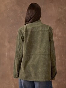 SHEIN BAE Jaket Utility PU Suede Imitasi Warna Hijau Zaitun, Kerah Tegak, Kancing Jepret, Tali Serut di Pinggang dengan Banyak Kantong Berpenutup, Mantel Kasual Gaya Jalanan untuk Musim Gugur dan Musim Dingin - Hijau Tentara - View 2