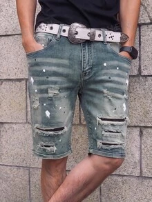 Manfinity EMRG 男士休閒做舊牛仔短褲，附口袋 - 淺色水洗藍 - 查看 5