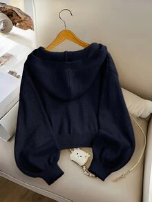 SHEIN Genkimix Kids 少女時尚休閒清新短版素色秋冬連帽針織開襟毛衣 - 藏蓝色 - 查看 2