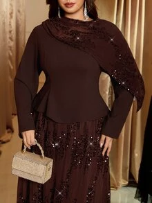 Reflora Plus Size Elegant Party Sequin Patchwork Dress - Brown - View 1