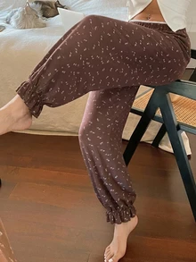Livesso 女款花卉針織對比飾邊腰帶睡褲 - 棕色 - 查看 4