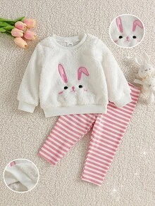SHEIN Vintaside Kids 2pcs Baju Legging Pullover Bayi Perempuan Lucu Manis Putih Pink Bordir Kelinci Bergaris Lengan Panjang Leher Bulat Mewah Pesta Musim Dingin Natal Putri Bergaris - Berwarna merah muda - View 4