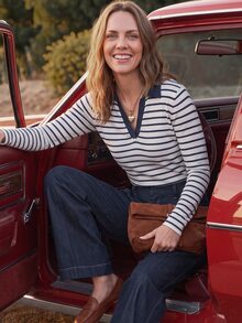 Dayvera Contrast Color Lapel Horizontal Striped Long Sleeve Polo Shirt, Slim Fit Flattering French Casual V-Neck Undershirt - Navy Blue - View 3