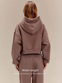 GLOWMODE Everyday Fleece Chilly Days Relaxed Hoodie Jacket With Ribbed Cuffs & Hem Waist-Length Daily Casual Fall Winter Wear - Mocha Brown - View 2