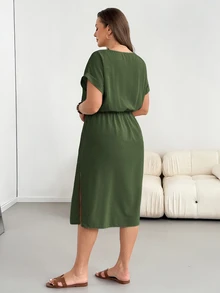 Shapeblank Plus-Size Women's Summer Fashionable Casual Loose Comfortable Everyday Slimming Midi Dress - Army Green - View 2