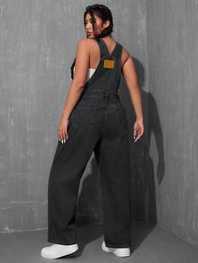 SHEIN ICON 大尺碼女款休閒日常牛仔連身褲，附口袋 - 深灰色 - 查看 2