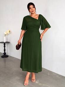 Firerie Plus Size Asymmetrical Neckline Pleated Dress - Olive Green - View 4