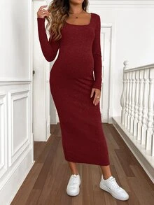 SHEIN 孕婦純色休閒日常夏季洋裝 - 酒紅色 - 查看 6