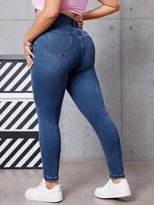 SHEIN EZwear 大尺碼女款休閒百搭日常牛仔褲，附口袋與鈕扣設計 - 霧霾藍 - 查看 2