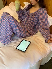 DAZY Women's Plaid Long Sleeve Top And Pants Casual Daily Home Sleepwear Set Fall - Pink - View 3