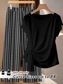 SHEIN CURVE+ 大尺碼女款休閒黑色短袖上衣與復古花卉條紋印花長褲兩件套，適合夏季度假 - 彩色 - 查看 1