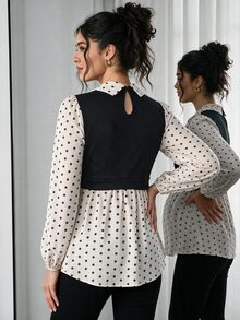 Momance Maternity Polka Dot Patchwork Top, Comfortable Loose Fit - Apricot - View 2