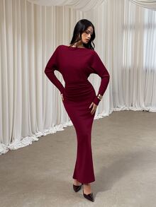 Aloruh Vestido largo de manga larga para mujer, nuevo para otoño/invierno, color rojo liso, versátil, elegante, intelectual, minimalista, para oficina y desplazamientos, con cintura ceñida, decoración plisada y corte sirena - Rojo - Ver 4