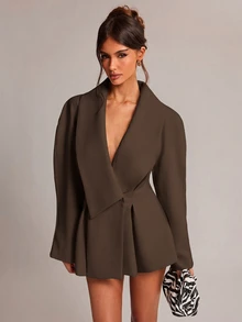 SHEIN BAE 女款素色休閒百搭通勤旅行西裝外套 - 咖啡棕 - 查看 1