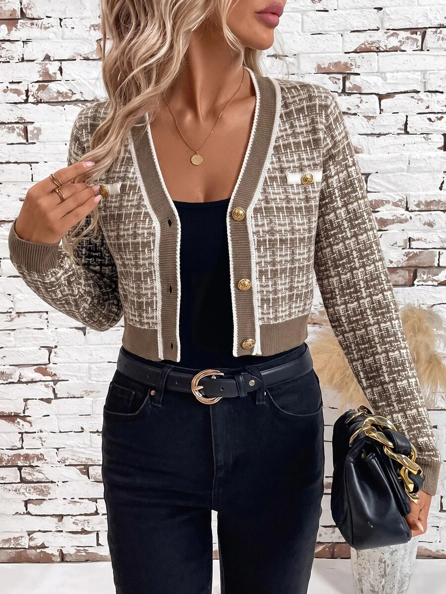 SHEIN Clasi 1件女款白色金邊修身短版開襟衫,格紋圖案,適合秋季/辦公室早午餐優雅穿搭 - 彩色 - 查看 1