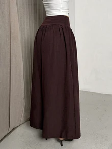 Glamine 2026 Women's Elegant Casual Solid Color Button Design Wide Leg Loose Long Pants Brunch Vacation Dark Brown Fall - Coffee Brown - View 1