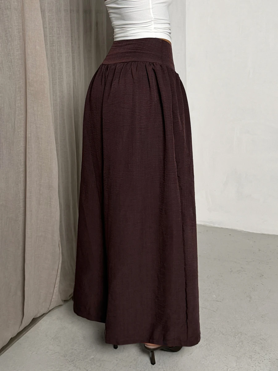 Glamine 2026 Women's Elegant Casual Solid Color Button Design Wide Leg Loose Long Pants Brunch Vacation Dark Brown Fall - Coffee Brown - View 1