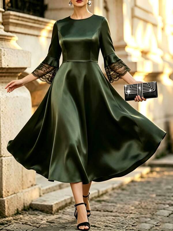 Velvienne Women's Solid Color Round Neck Lace Trim Elegant Dress