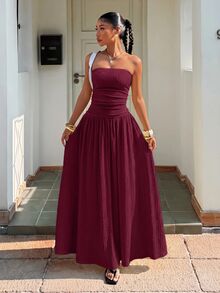 Muchica Plus Size Women Solid Color Pleated Casual Party Strapless Dress - Burgundy - View 7