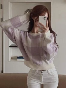 DAZY Women's Colorblock Plaid Loose Short Long Sleeve Crew Neck Casual Vacation Spring Autumn Knit Sweater - Purple - View 2