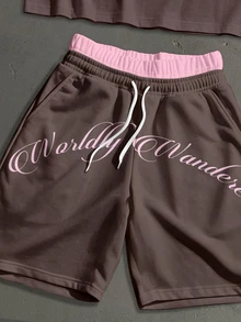 Manfinity Roghcode 男士標準尺寸落肩寬鬆短袖T恤與雙腰帶短款運動長褲套裝 - 棕色 - 查看 5