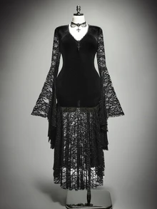 SHEIN ICON Plus Size Women's Autumn/Winter Retro Sexy Elegant Dark Gothic Style Velvet Patchwork Lace Flared Sleeves Ruffled Black Slim Fit Dress - Black - View 3