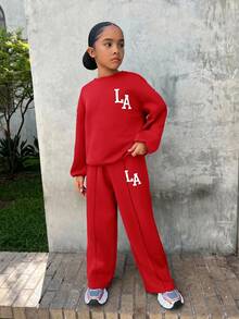 SHEIN Tween女孩休閒「LA」字母印花針織純色寬鬆落肩長袖衛衣與百褶寬腿運動褲套裝，女孩秋季服飾，女孩秋季穿搭，女孩冬季服飾 - 紅色 - 查看 9