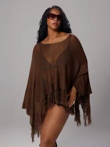 Rustia Sweater Ukuran Besar dengan Rumbai di Bagian Bawah dan Lengan Kelelawar untuk Musim Gugur - Coffee Brown - View 4