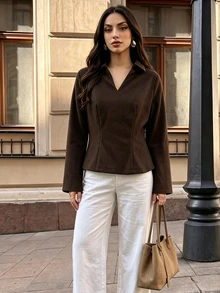 Elenzga Women's Solid Color Short Tweed Shirt - Brown - View 4