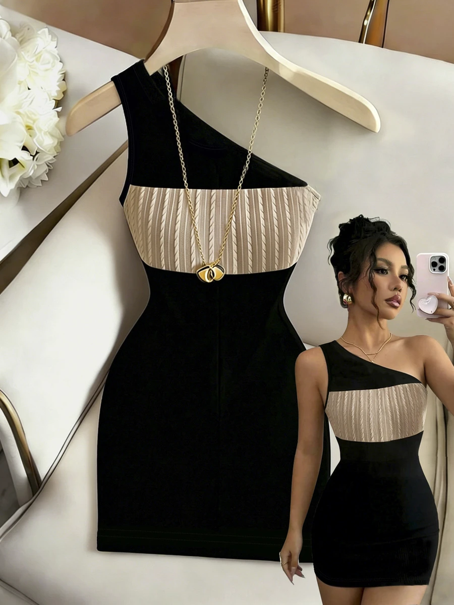 SHEIN 女款新款時尚百搭不對稱單肩無袖修身優雅約會洋裝 大尺碼 - 黑色 - 查看 1