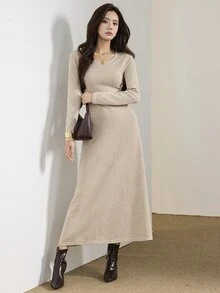 Heiryn Women's Solid Color Round Neck Long Sleeve Casual Knit Dress - Khaki - View 6