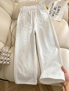 SHEIN Tween Girl) Denim Jeans, All-Season New Casual Fashion Minimalist Versatile Style, Elastic Waistband With Drawstring Design, Adjustable, Classic Versatile White Washed Soft Denim Straight Leg Pants - White - View 2