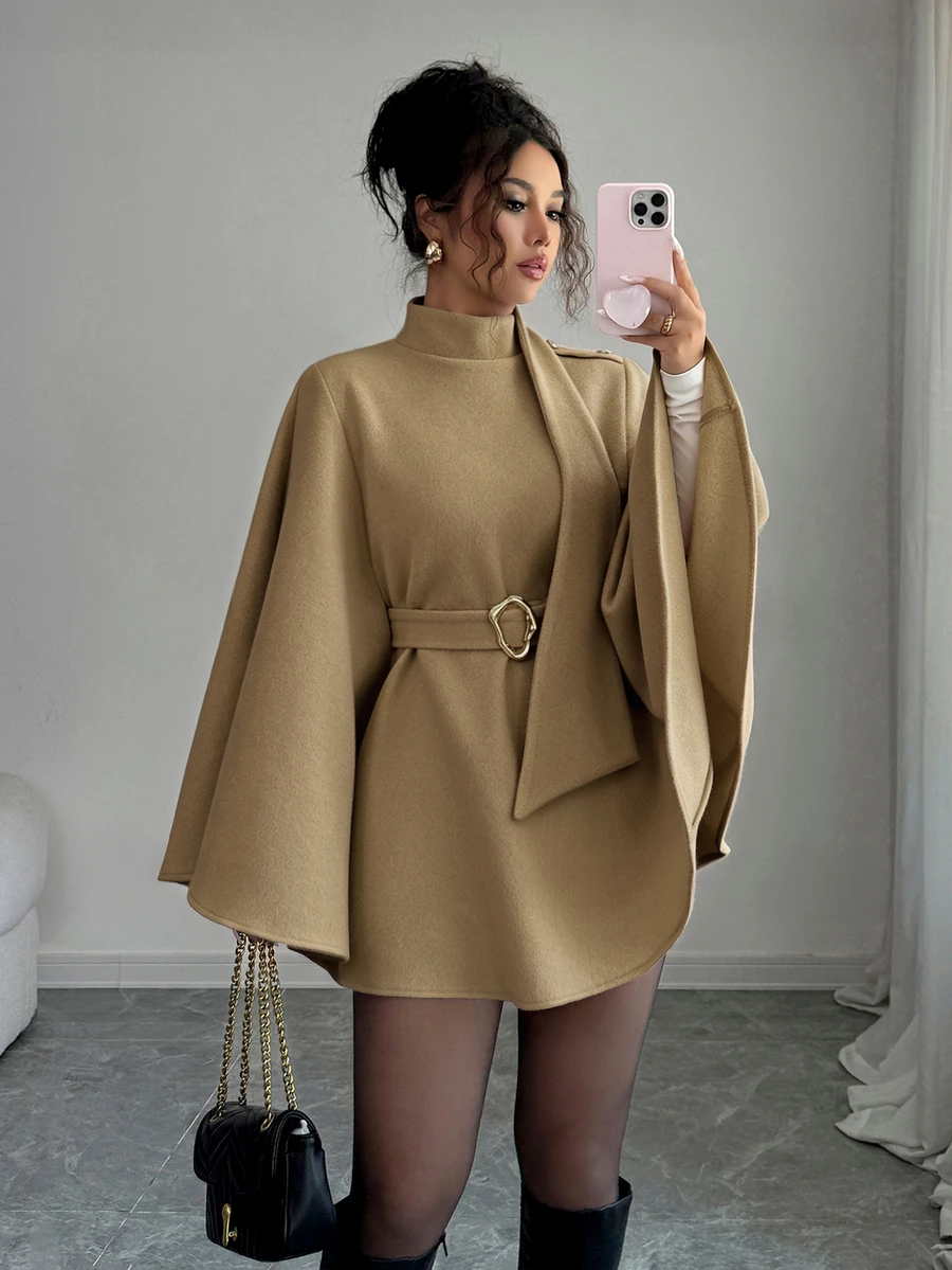 Elenzga Women's Solid Color Stand Collar Fashion Versatile Overcoat - Camel - View 1
