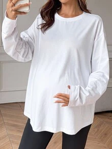 Dazy Maternity Atasan Lengan Panjang Longgar Warna Polos Kasual untuk Sehari-hari, Pakaian Jalanan, Liburan, Musim Semi, Musim Gugur, dan Ibu Hamil - Putih - View 1