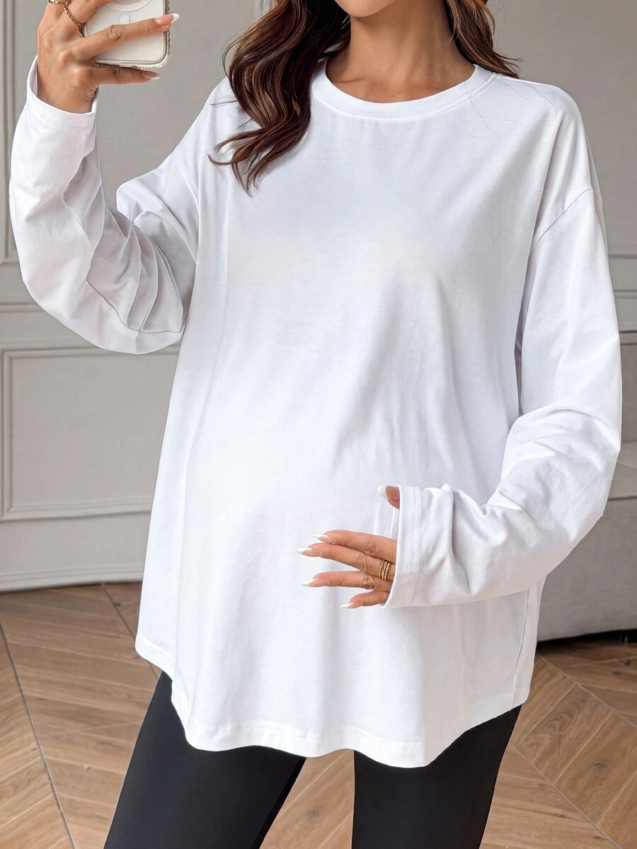 Dazy Maternity Atasan Lengan Panjang Longgar Warna Polos Kasual untuk Sehari-hari, Pakaian Jalanan, Liburan, Musim Semi, Musim Gugur, dan Ibu Hamil - Putih - View 1