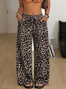 Coolane Plus Size Women's Leopard Print Tie Waist Wide Leg Pants With Pockets, Suitable For Summer - Multicolor - View 3