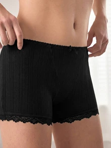 Ocili Women's Pure Cotton Knitted Jacquard Comfortable Patchwork Mini Lace Bow Decor Boxer Briefs - Black - View 7