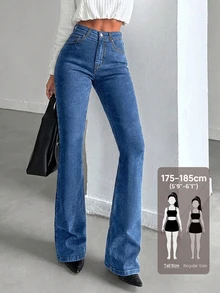 SHEIN Tall 女款高腰口袋休閒喇叭牛仔褲 秋冬牛仔褲 女士辦公穿搭 秋季服飾 - 中等水洗藍 - 查看 1