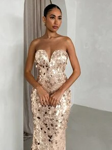 SHEIN Glamour 女款優雅亮片抹胸收腰派對洋裝 - 香檳色 - 查看 5