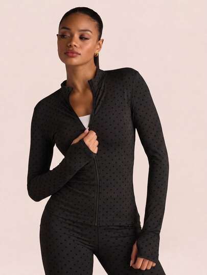 SHEIN BAE Women's Polka Dot Print Long Sleeve Zip-Up Sports Jacket