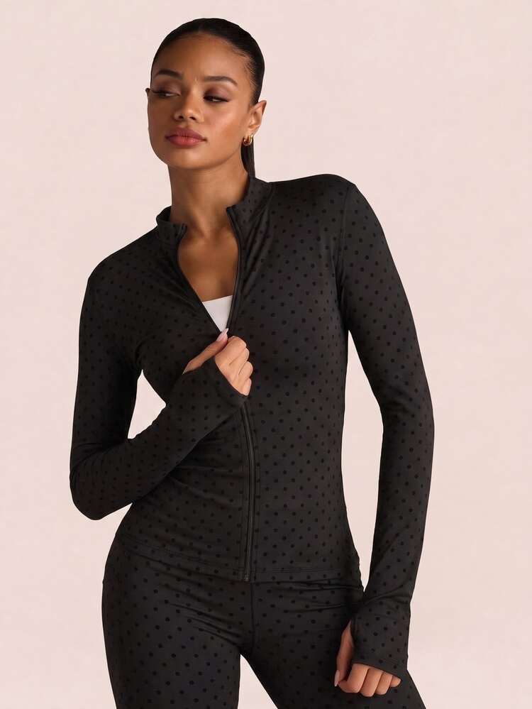 SHEIN BAE Women Black Polka Dot Stand Collar Zip Up Cropped Athletic Jacket Long Sleeve Slim Fit Gym Workout Training Running Activewear - Black - View 1
