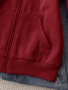 兒童青少年女孩休閒運動灰色小馬刺繡裝飾連帽開襟衛衣，秋冬款 - 酒紅色 - 查看 5