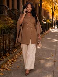 Poshavie Poshavie Plus Size Women's Fashion Blazer, Loose Double-Breasted Minimalist Elegant Business Casual Jacket, Suitable For Commuting, Office Evening Brown - Brown - View 3