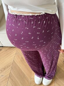 Dazy Maternity Ditsy Floral Flared Leg Pants With Lace Trim, Elastic Waist, Casual Vacation Maternity Trousers For Spring And Autumn - Purple - View 7