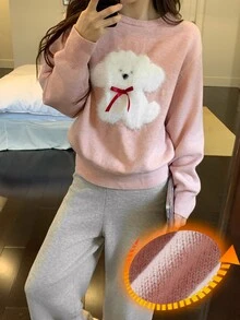 DAZY Autumn/Winter Knit Cute Puppy Pattern Loose Long Sleeve Top & Straight Leg Long Pajama Pants 2pcs Set Women's Sleepwear - Pink - View 3