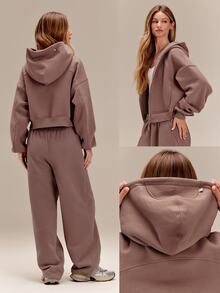 GLOWMODE Everyday Fleece Chilly Days Relaxed Hoodie Jacket With Ribbed Cuffs & Hem Waist-Length Daily Casual Fall Winter Wear - Mocha Brown - View 8