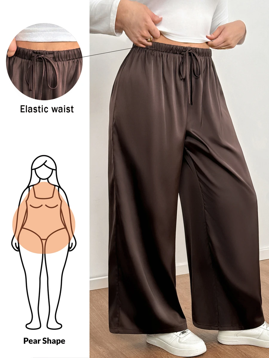 Shapeblank Plus-Size Women's Spring And Autumn Fashionable Casual Loose Comfortable Brown Satin Elastic Waist Wide-Leg Pants,Fall Outfits,Simple Style
