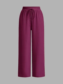 Shapeblank Plus Size Women's Solid Color Waist Tie Wide Leg Loose Pants - Multicolor - View 3